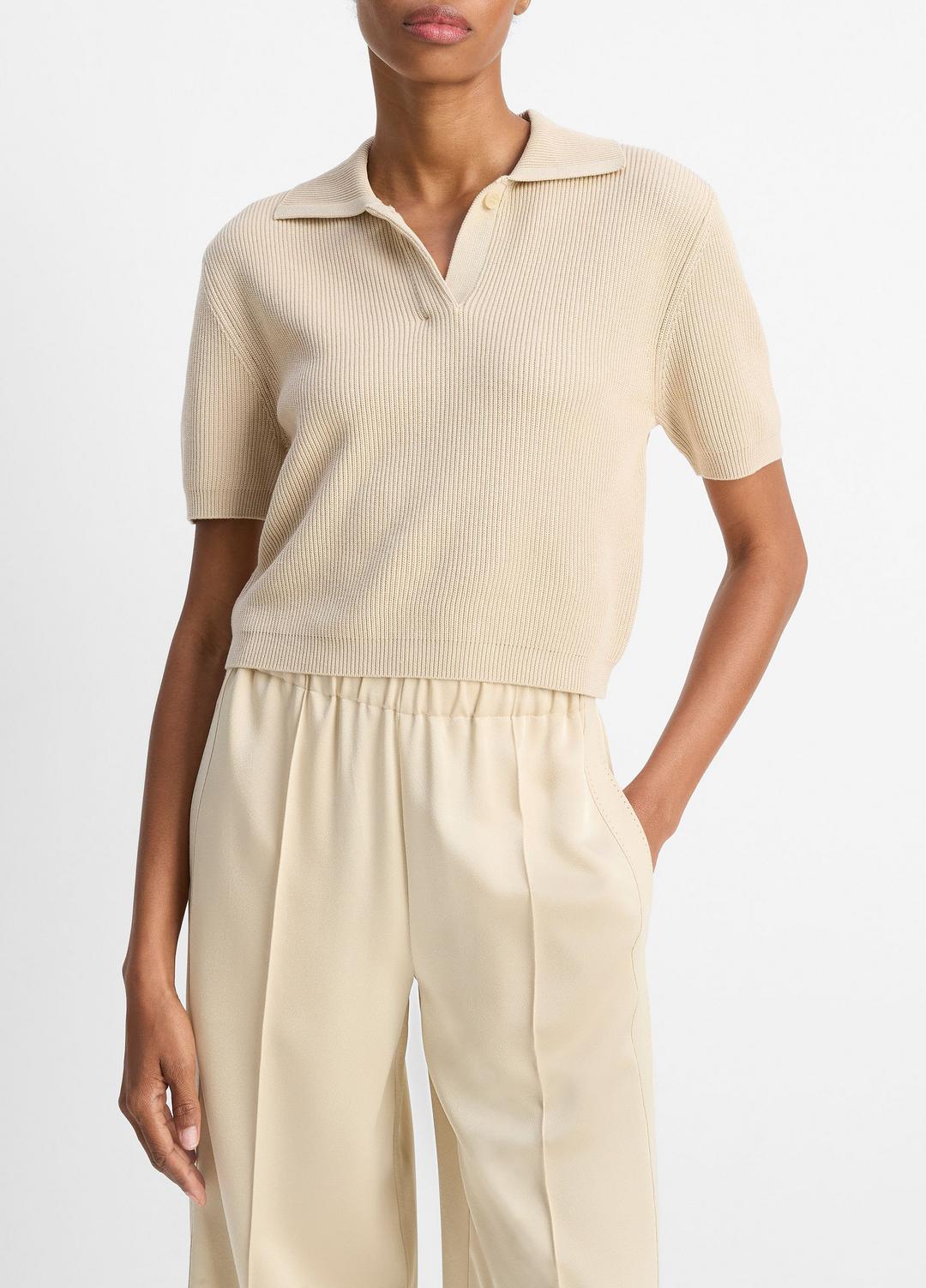 VINCE Sale - Ribbed Silk-Cotton Polo Sweater in Sweaters