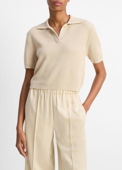 VINCE Sale - Ribbed Silk-Cotton Polo Sweater in Sweaters
