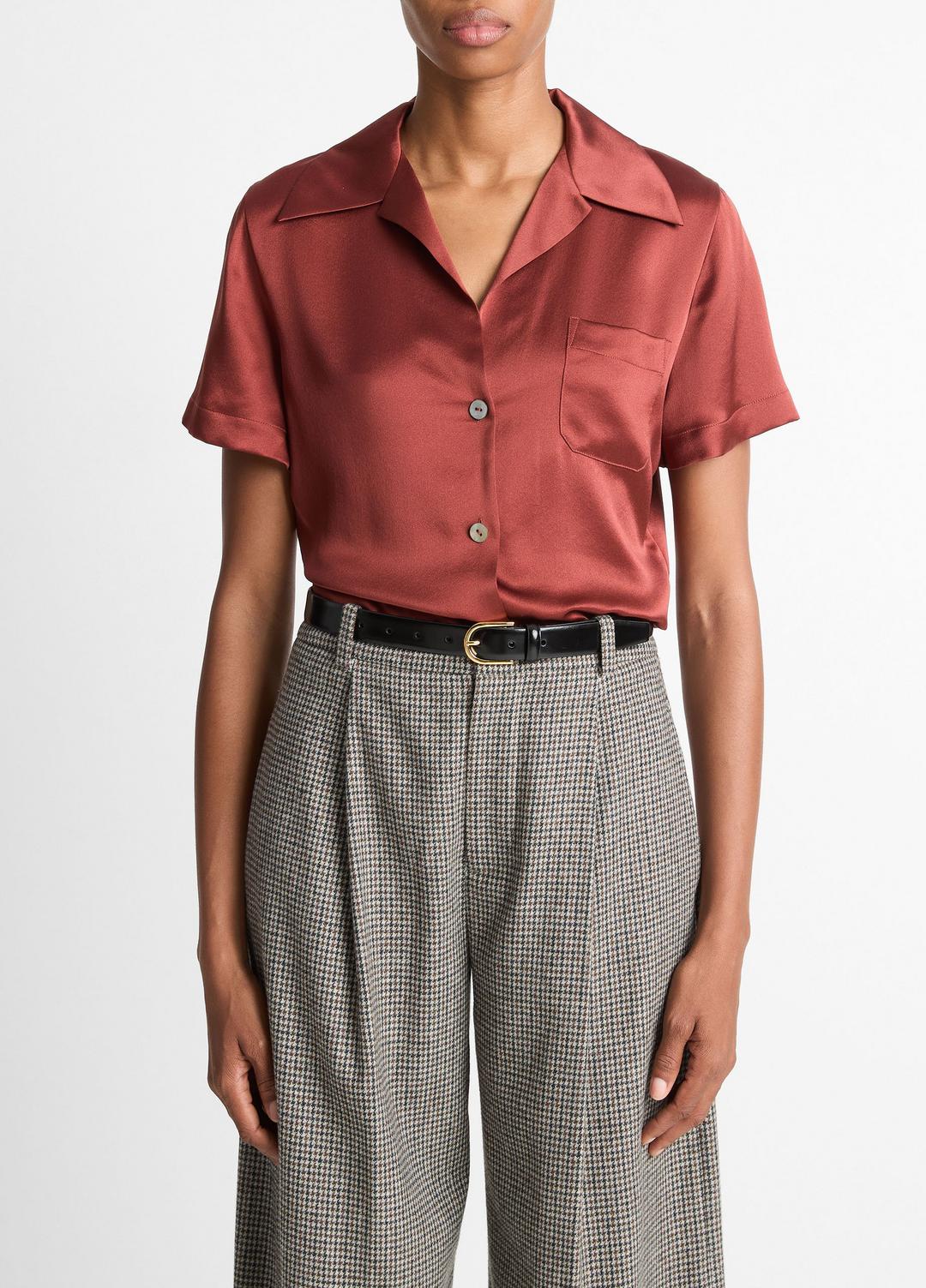 VINCE Trusted - Silk Short-Sleeve Button-Front Shirt in Shirts & Tees