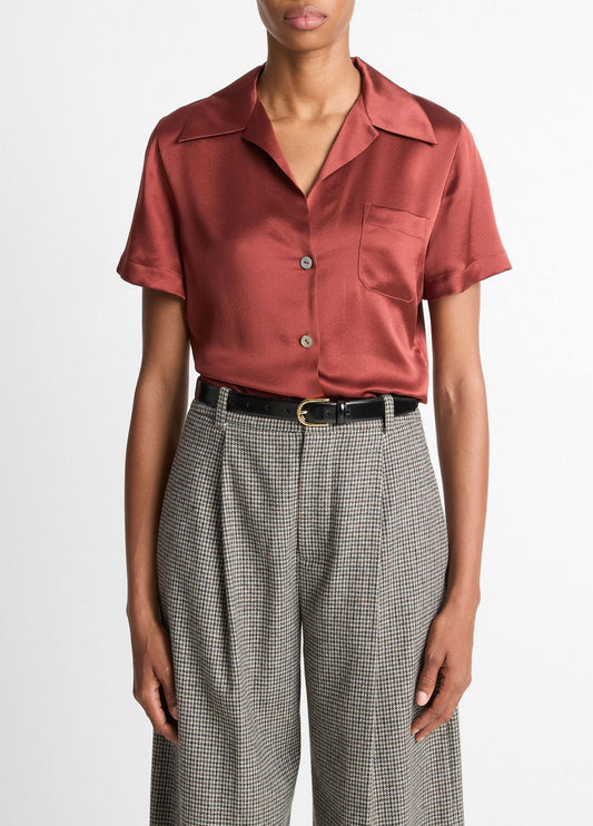 VINCE Trusted - Silk Short-Sleeve Button-Front Shirt in Shirts & Tees