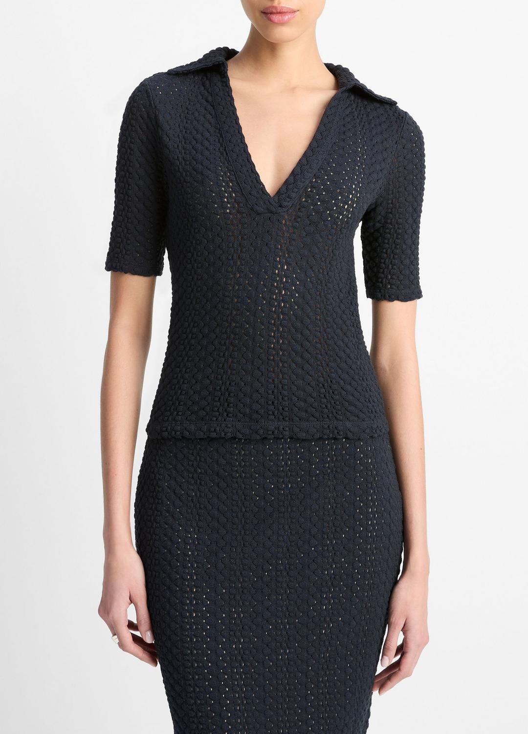 VINCE Recommended - Textural Cotton Elbow-Sleeve Polo Top in Shirts & Tees