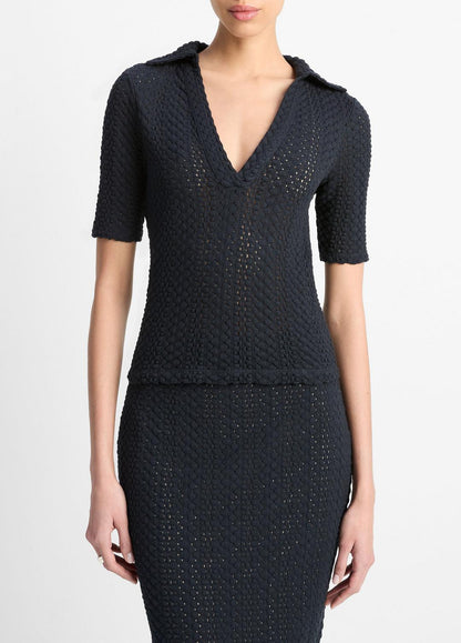VINCE Recommended - Textural Cotton Elbow-Sleeve Polo Top in Shirts & Tees