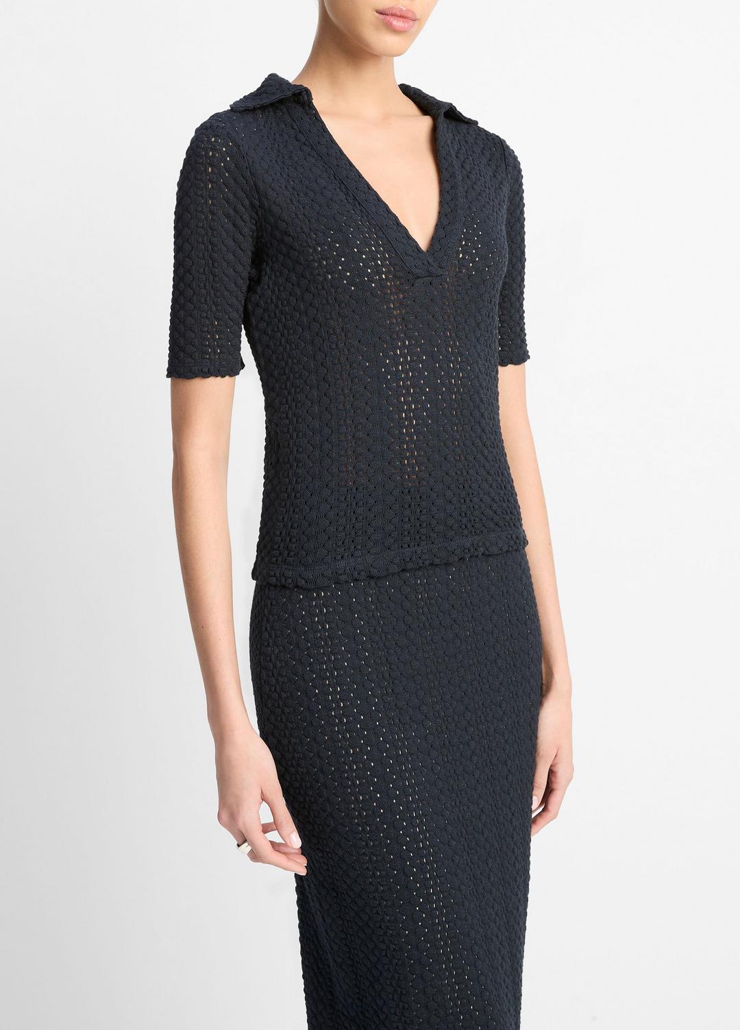 VINCE Recommended - Textural Cotton Elbow-Sleeve Polo Top in Shirts & Tees