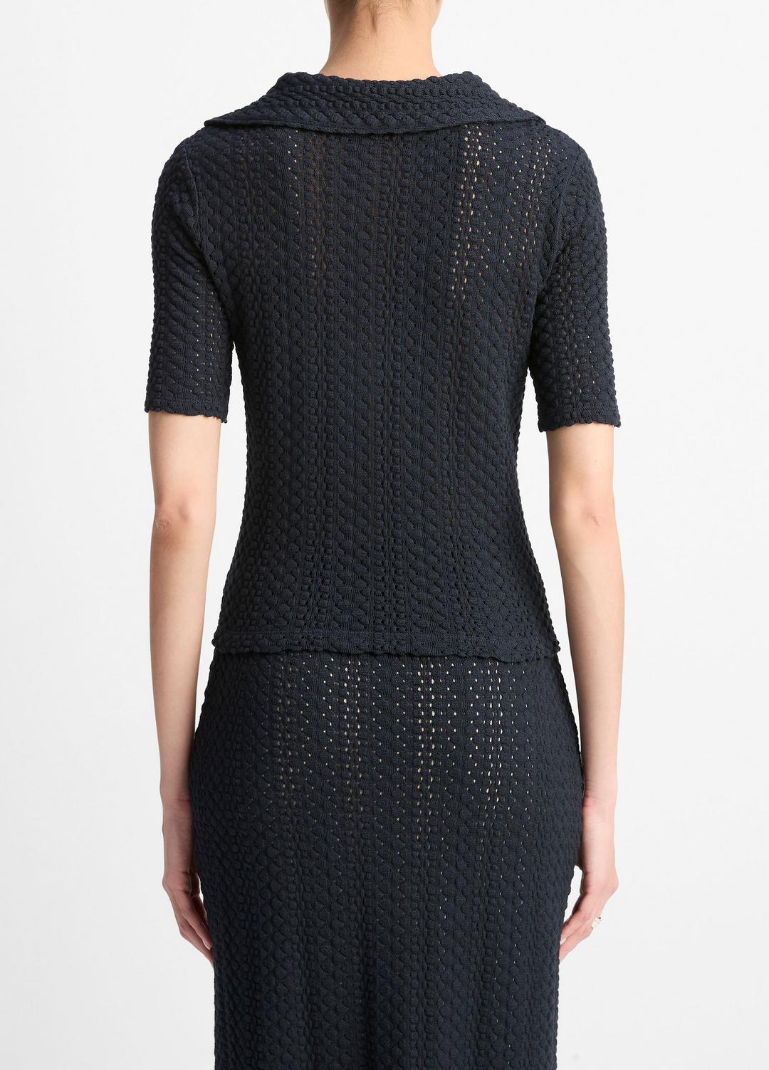 VINCE Recommended - Textural Cotton Elbow-Sleeve Polo Top in Shirts & Tees