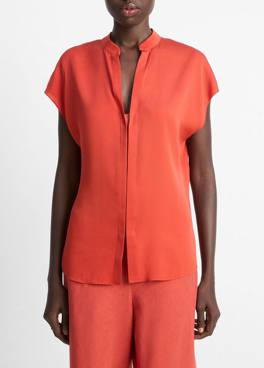 VINCE Featured - Contrast-Placket Stretch-Silk Cap-Sleeve Blouse in Shirts & Tees
