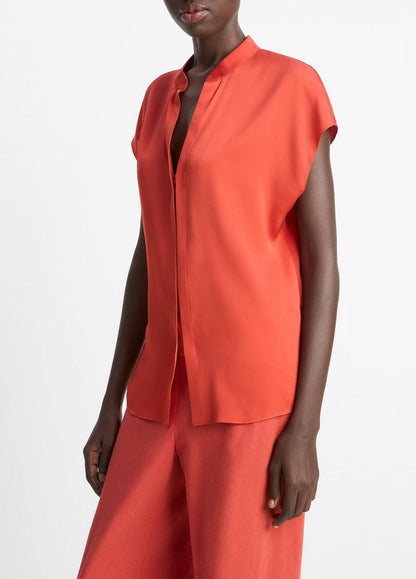 VINCE Featured - Contrast-Placket Stretch-Silk Cap-Sleeve Blouse in Shirts & Tees