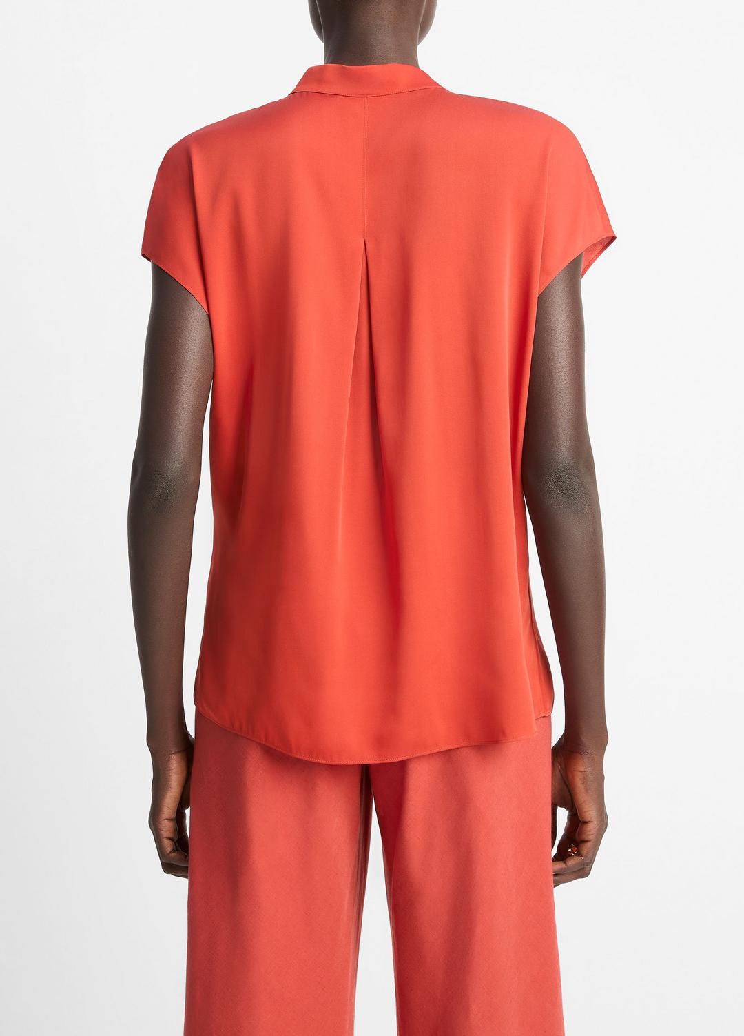 VINCE Featured - Contrast-Placket Stretch-Silk Cap-Sleeve Blouse in Shirts & Tees