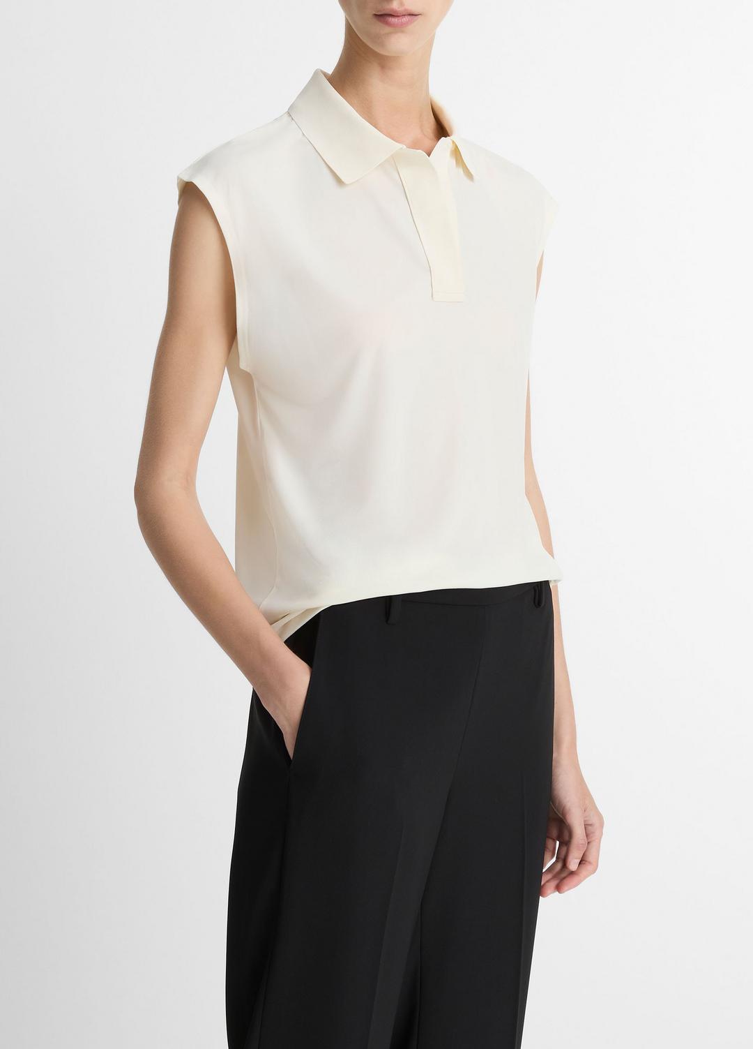 VINCE Special Offer - Matte Jersey Cap-Sleeve Polo Top in Shirts & Tees