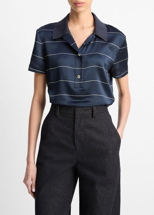 VINCE Popular - Knit-Collar Striped Silk Polo Shirt in Shirts & Tees