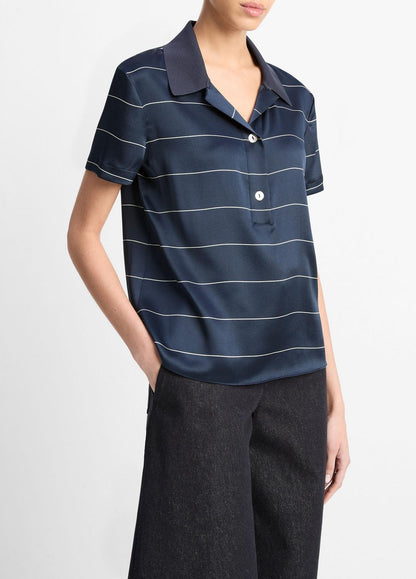 VINCE Popular - Knit-Collar Striped Silk Polo Shirt in Shirts & Tees
