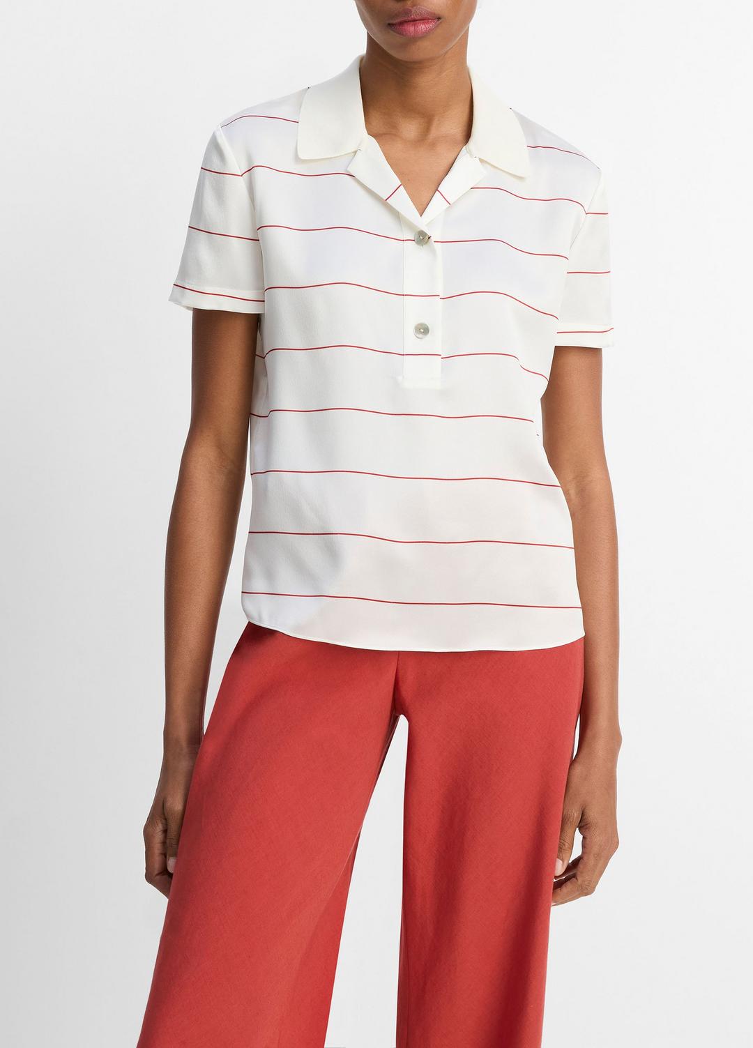 VINCE Classic - Knit-Collar Striped Silk Polo Shirt in Shirts & Tees
