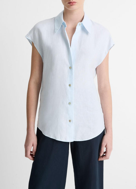 VINCE Value - Linen Cap-Sleeve Button-Front Blouse in Shirts & Tees