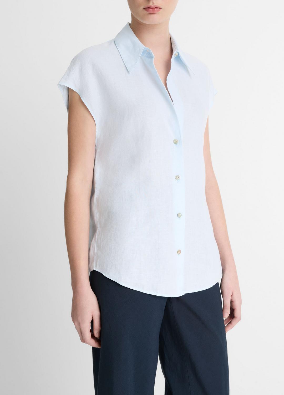 VINCE Value - Linen Cap-Sleeve Button-Front Blouse in Shirts & Tees