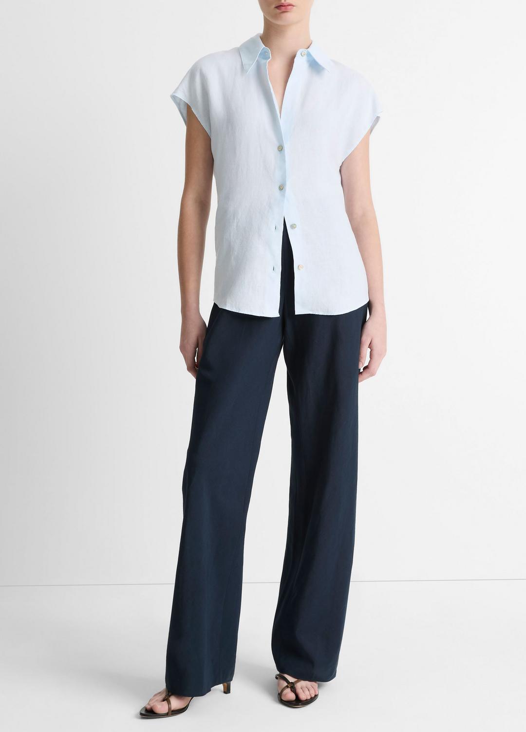 VINCE Value - Linen Cap-Sleeve Button-Front Blouse in Shirts & Tees