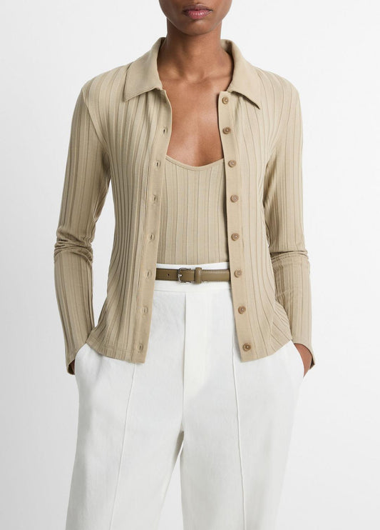 VINCE Deals - Ribbed Collared Long-Sleeve Button-Front Top in Shirts & Tees