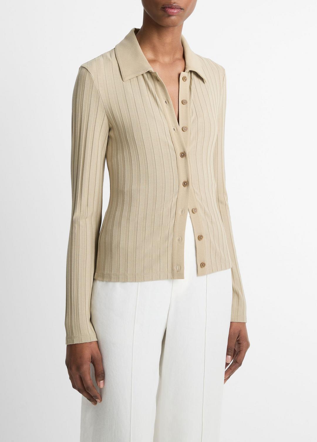 VINCE Deals - Ribbed Collared Long-Sleeve Button-Front Top in Shirts & Tees