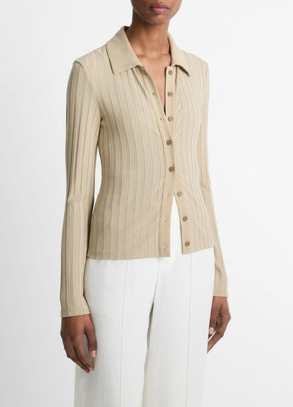 VINCE Deals - Ribbed Collared Long-Sleeve Button-Front Top in Shirts & Tees